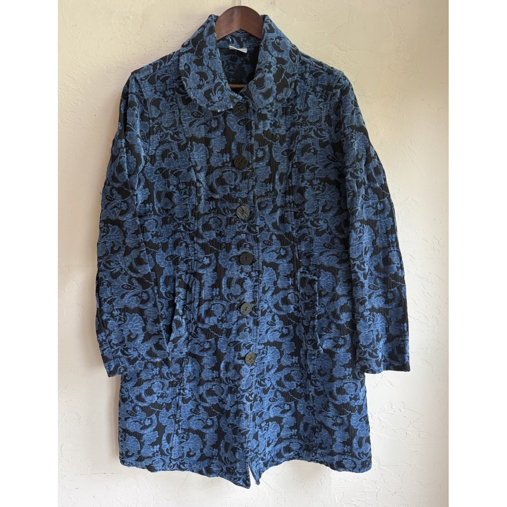 Vintage CMC Blue Floral Tapestry Jacquard Coat M Maximalist Boho Brocade Retro